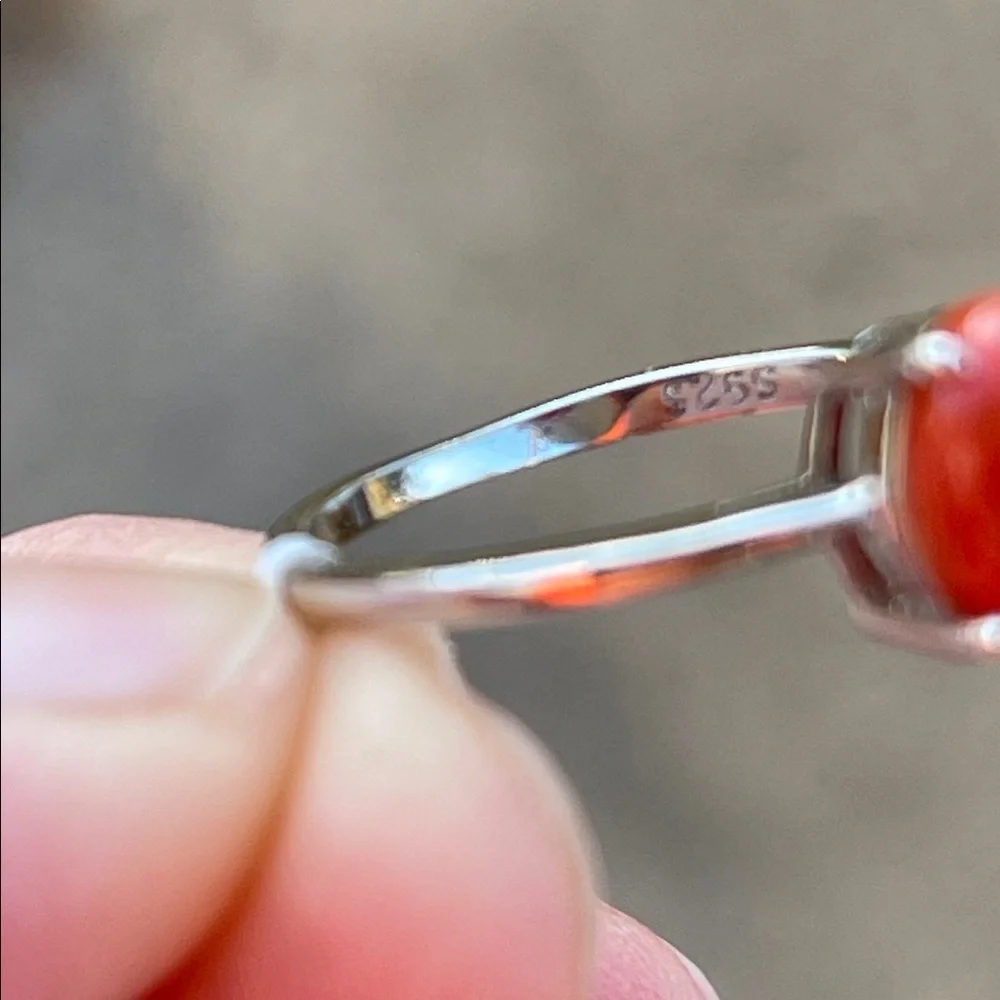 NWT Genuine Coral Stone 8X6mm Ring in 925 Sterling Silver Size 7